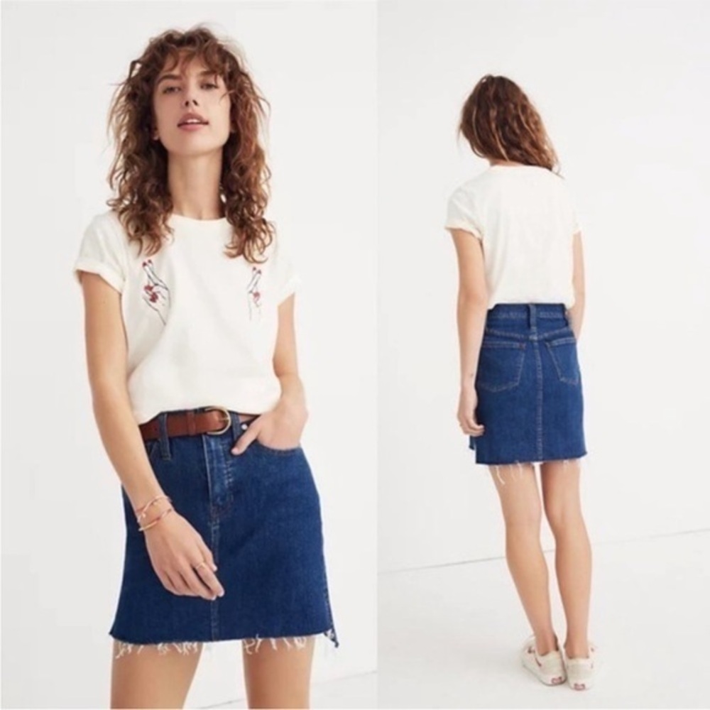 Madewell Denim Mini Concert Skirt Indigo Blue Raw Hem Side Slits Size 26